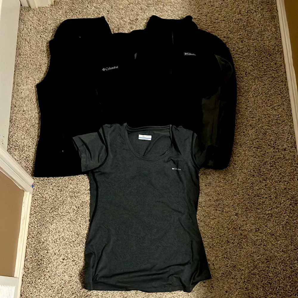 Columbia jacket (xs), vest (s) t shirt (s)